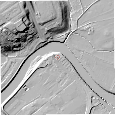 Shaded relief map of the ground around PR54AD, computed from Environment Agency LiDAR. The ground here sits at about 10 m above sea level and falls 34 m across the surrounding 800 m. Surface water reaching this point runs off ground lying to the west-south-west, 1.3 m higher.