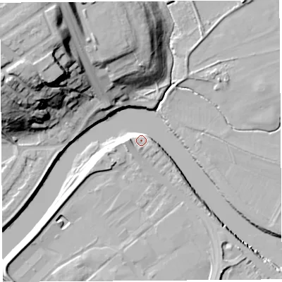 Shaded relief map of the ground around PR54AE, computed from Environment Agency LiDAR. The ground here sits at about 9 m above sea level and falls 34 m across the surrounding 800 m. Surface water reaching this point runs off ground lying to the west-south-west, 7.2 m higher.