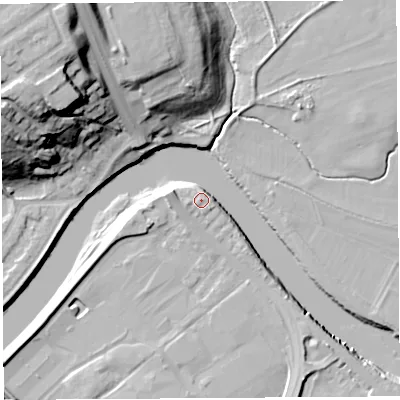 Shaded relief map of the ground around PR54AH, computed from Environment Agency LiDAR. The ground here sits at about 10 m above sea level and falls 34 m across the surrounding 800 m. Surface water reaching this point runs off ground lying to the south-east, 6.2 m higher.