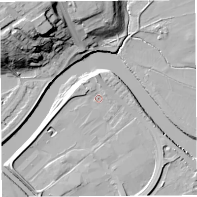 Shaded relief map of the ground around PR54AJ, computed from Environment Agency LiDAR. The ground here sits at about 8 m above sea level and falls 34 m across the surrounding 800 m. Surface water reaching this point runs off ground lying to the north, 6.2 m higher.
