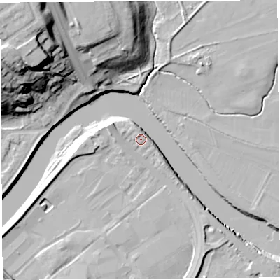 Shaded relief map of the ground around PR54AL, computed from Environment Agency LiDAR. The ground here sits at about 9 m above sea level and falls 34 m across the surrounding 800 m. Surface water reaching this point runs off ground lying to the west-north-west, 1.8 m higher.