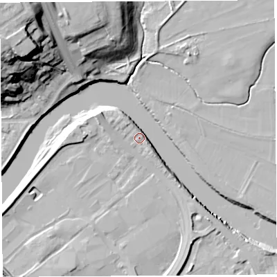 Shaded relief map of the ground around PR54AN, computed from Environment Agency LiDAR. The ground here sits at about 9 m above sea level and falls 34 m across the surrounding 800 m. Surface water reaching this point runs off ground lying to the south-east, 6.7 m higher.