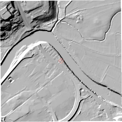 Shaded relief map of the ground around PR54AP, computed from Environment Agency LiDAR. The ground here sits at about 9 m above sea level and falls 34 m across the surrounding 800 m. Surface water reaching this point runs off ground lying to the south-east, 6.7 m higher.