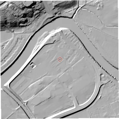 Shaded relief map of the ground around PR54AQ, computed from Environment Agency LiDAR. The ground here sits at about 8 m above sea level and falls 34 m across the surrounding 800 m. Surface water reaching this point runs off ground lying to the south-south-west, 3.4 m higher.