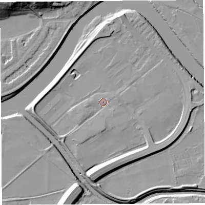 Shaded relief map of the ground around PR54AR, computed from Environment Agency LiDAR. The ground here sits at about 8 m above sea level and falls 20 m across the surrounding 800 m. Surface water reaching this point runs off ground lying to the south, 7.2 m higher.