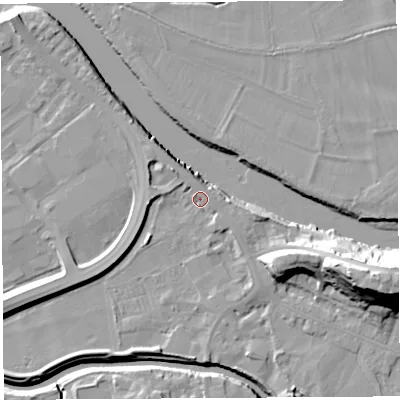 Shaded relief map of the ground around PR54AU, computed from Environment Agency LiDAR. The ground here sits at about 9 m above sea level and falls 24 m across the surrounding 800 m. Surface water reaching this point runs off ground lying to the north-north-west, 2.1 m higher.