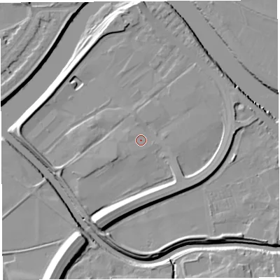 Shaded relief map of the ground around PR54AW, computed from Environment Agency LiDAR. The ground here sits at about 9 m above sea level and falls 12 m across the surrounding 800 m. Surface water reaching this point runs off ground lying to the south-south-west, 7.2 m higher.