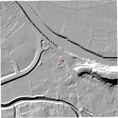 Shaded relief map of the ground around PR54AX, computed from Environment Agency LiDAR. The ground here sits at about 9 m above sea level and falls 24 m across the surrounding 800 m. Surface water reaching this point runs off ground lying to the north-north-west, 1.7 m higher.