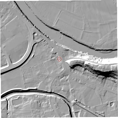 Shaded relief map of the ground around PR54AY, computed from Environment Agency LiDAR. The ground here sits at about 8 m above sea level and falls 27 m across the surrounding 800 m. Surface water reaching this point runs off ground lying to the south-south-east, 2.0 m higher.
