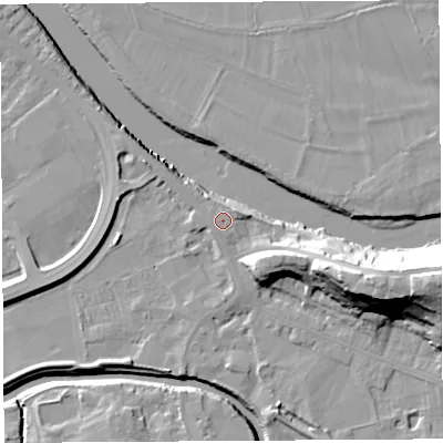 Shaded relief map of the ground around PR54BA, computed from Environment Agency LiDAR. The ground here sits at about 9 m above sea level and falls 27 m across the surrounding 800 m. Surface water reaching this point runs off ground lying to the north-east, 1.2 m higher.