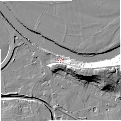 Shaded relief map of the ground around PR54BB, computed from Environment Agency LiDAR. The ground here sits at about 11 m above sea level and falls 28 m across the surrounding 800 m. Surface water reaching this point runs off ground lying to the south-east, 9.2 m higher.