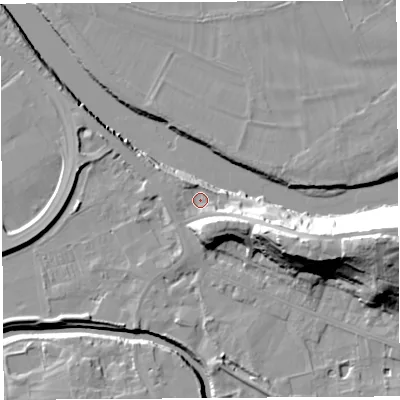Shaded relief map of the ground around PR54BD, computed from Environment Agency LiDAR. The ground here sits at about 9 m above sea level and falls 28 m across the surrounding 800 m. Surface water reaching this point runs off ground lying to the east-south-east, 12.6 m higher.