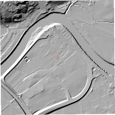 Shaded relief map of the ground around PR54BG, computed from Environment Agency LiDAR. The ground here sits at about 8 m above sea level and falls 33 m across the surrounding 800 m. Surface water reaching this point runs off ground lying to the south-west, 3.0 m higher.