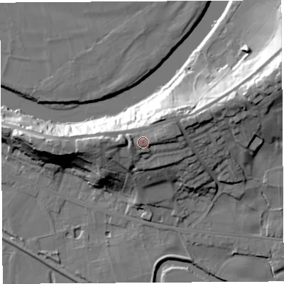 Shaded relief map of the ground around PR54BH, computed from Environment Agency LiDAR. The ground here sits at about 29 m above sea level and falls 32 m across the surrounding 800 m. Surface water reaching this point runs off ground lying to the west, 2.6 m higher.