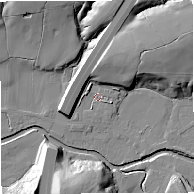 Shaded relief map of the ground around PR54BS, computed from Environment Agency LiDAR. The ground here sits at about 15 m above sea level and falls 32 m across the surrounding 800 m. Surface water reaching this point runs off ground lying to the north-east, 26.7 m higher.