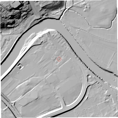Shaded relief map of the ground around PR54BY, computed from Environment Agency LiDAR. The ground here sits at about 8 m above sea level and falls 34 m across the surrounding 800 m. Surface water reaching this point runs off ground lying to the east-south-east, 3.4 m higher.