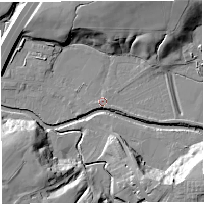 Shaded relief map of the ground around PR54DA, computed from Environment Agency LiDAR. The ground here sits at about 15 m above sea level and falls 33 m across the surrounding 800 m. Surface water reaching this point runs off ground lying to the south-south-east, 1.6 m higher.