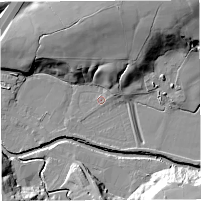 Shaded relief map of the ground around PR54DB, computed from Environment Agency LiDAR. The ground here sits at about 15 m above sea level and falls 33 m across the surrounding 800 m. Surface water reaching this point runs off ground lying to the north-north-east, 14.9 m higher.
