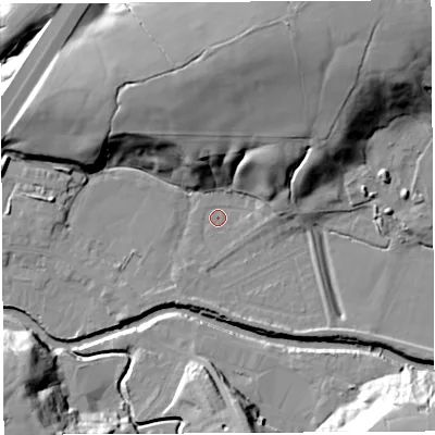 Shaded relief map of the ground around PR54DD, computed from Environment Agency LiDAR. The ground here sits at about 14 m above sea level and falls 33 m across the surrounding 800 m. Surface water reaching this point runs off ground lying to the north-north-east, 27.3 m higher.