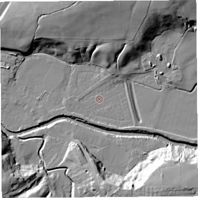 Shaded relief map of the ground around PR54DE, computed from Environment Agency LiDAR. The ground here sits at about 14 m above sea level and falls 30 m across the surrounding 800 m. Surface water reaching this point runs off ground lying to the north-north-east, 7.2 m higher.