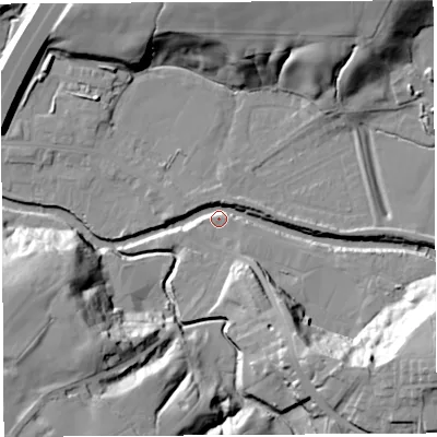 Shaded relief map of the ground around PR54DH, computed from Environment Agency LiDAR. The ground here sits at about 14 m above sea level and falls 33 m across the surrounding 800 m. Surface water reaching this point runs off ground lying to the east-south-east, 27.5 m higher.