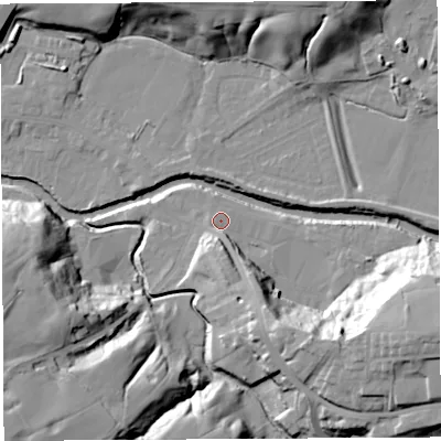 Shaded relief map of the ground around PR54DJ, computed from Environment Agency LiDAR. The ground here sits at about 15 m above sea level and falls 33 m across the surrounding 800 m. Surface water reaching this point runs off ground lying to the south, 2.9 m higher.