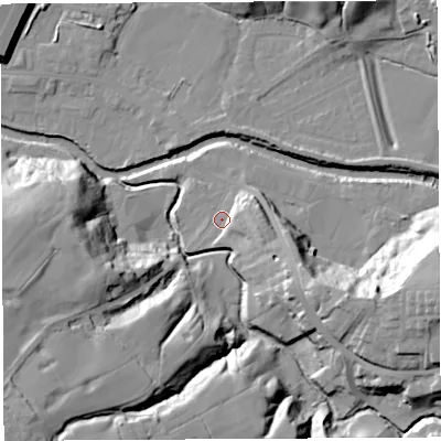 Shaded relief map of the ground around PR54DN, computed from Environment Agency LiDAR. The ground here sits at about 16 m above sea level and falls 34 m across the surrounding 800 m. Surface water reaching this point runs off ground lying to the east-south-east, 8.2 m higher.