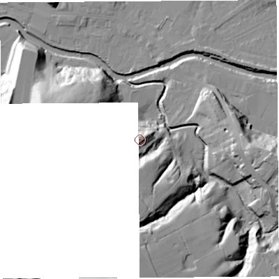 Shaded relief map of the ground around PR54DP, computed from Environment Agency LiDAR. The ground here sits at about 29 m above sea level and falls 35 m across the surrounding 800 m. Surface water reaching this point runs off ground lying to the south-south-west, 4.8 m higher.