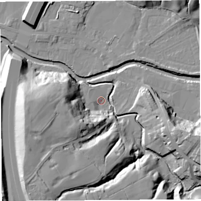 Shaded relief map of the ground around PR54DQ, computed from Environment Agency LiDAR. The ground here sits at about 14 m above sea level and falls 36 m across the surrounding 800 m. Surface water reaching this point runs off ground lying to the south-south-west, 31.0 m higher.