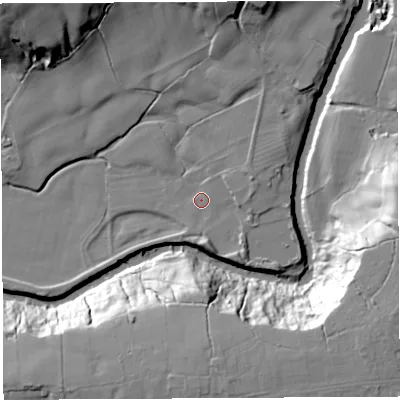 Shaded relief map of the ground around PR54DZ, computed from Environment Agency LiDAR. The ground here sits at about 17 m above sea level and falls 32 m across the surrounding 800 m. Surface water reaching this point runs off ground lying to the south, 3.7 m higher.