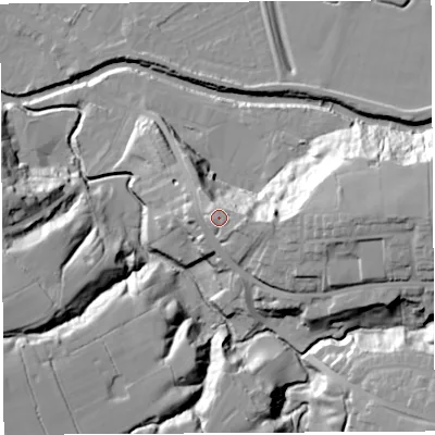 Shaded relief map of the ground around PR54EA, computed from Environment Agency LiDAR. The ground here sits at about 31 m above sea level and falls 31 m across the surrounding 800 m. Surface water reaching this point runs off ground lying to the east, 3.9 m higher.