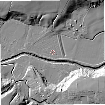 Shaded relief map of the ground around PR54EQ, computed from Environment Agency LiDAR. The ground here sits at about 15 m above sea level and falls 29 m across the surrounding 800 m. Surface water reaching this point runs off ground lying to the south, 2.1 m higher.
