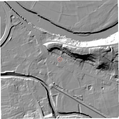 Shaded relief map of the ground around PR54HA, computed from Environment Agency LiDAR. The ground here sits at about 9 m above sea level and falls 28 m across the surrounding 800 m. Surface water reaching this point runs off ground lying to the north-east, 18.6 m higher.