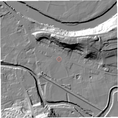 Shaded relief map of the ground around PR54HB, computed from Environment Agency LiDAR. The ground here sits at about 9 m above sea level and falls 30 m across the surrounding 800 m. Surface water reaching this point runs off ground lying to the north-east, 23.6 m higher.