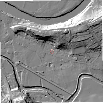 Shaded relief map of the ground around PR54HD, computed from Environment Agency LiDAR. The ground here sits at about 9 m above sea level and falls 31 m across the surrounding 800 m. Surface water reaching this point runs off ground lying to the north-north-east, 22.8 m higher.
