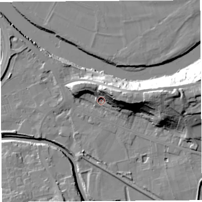 Shaded relief map of the ground around PR54HE, computed from Environment Agency LiDAR. The ground here sits at about 10 m above sea level and falls 28 m across the surrounding 800 m. Surface water reaching this point runs off ground lying to the north-east, 18.6 m higher.