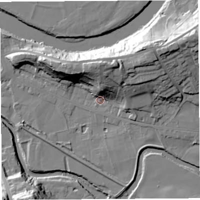 Shaded relief map of the ground around PR54HG, computed from Environment Agency LiDAR. The ground here sits at about 10 m above sea level and falls 30 m across the surrounding 800 m. Surface water reaching this point runs off ground lying to the north, 22.5 m higher.