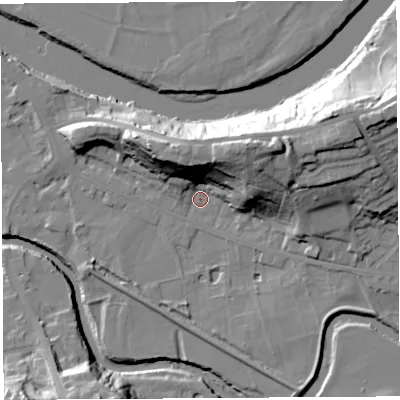 Shaded relief map of the ground around PR54HH, computed from Environment Agency LiDAR. The ground here sits at about 9 m above sea level and falls 28 m across the surrounding 800 m. Surface water reaching this point runs off ground lying to the north-east, 22.8 m higher.