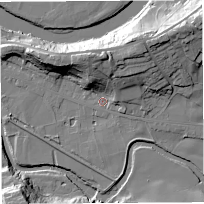 Shaded relief map of the ground around PR54HN, computed from Environment Agency LiDAR. The ground here sits at about 10 m above sea level and falls 32 m across the surrounding 800 m. Surface water reaching this point runs off ground lying to the north, 21.9 m higher.