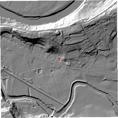 Shaded relief map of the ground around PR54HP, computed from Environment Agency LiDAR. The ground here sits at about 10 m above sea level and falls 32 m across the surrounding 800 m. Surface water reaching this point runs off ground lying to the north-east, 21.0 m higher.