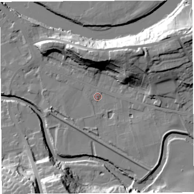 Shaded relief map of the ground around PR54HQ, computed from Environment Agency LiDAR. The ground here sits at about 9 m above sea level and falls 33 m across the surrounding 800 m. Surface water reaching this point runs off ground lying to the east-south-east, 4.9 m higher.