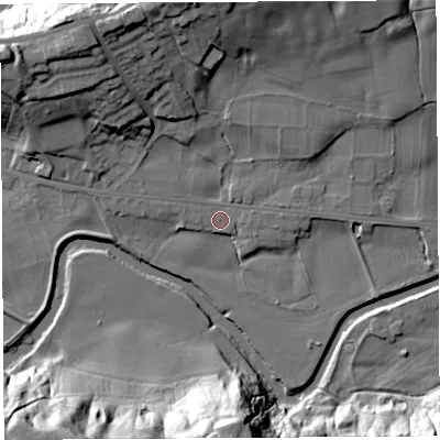 Shaded relief map of the ground around PR54HR, computed from Environment Agency LiDAR. The ground here sits at about 12 m above sea level and falls 40 m across the surrounding 800 m. Surface water reaching this point runs off ground lying to the north, 19.1 m higher.