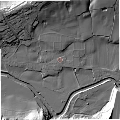 Shaded relief map of the ground around PR54HS, computed from Environment Agency LiDAR. The ground here sits at about 14 m above sea level and falls 30 m across the surrounding 800 m. Surface water reaching this point runs off ground lying to the north, 3.7 m higher.