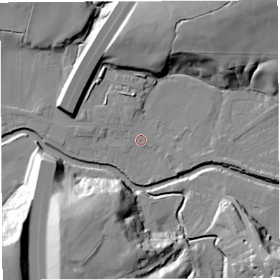Shaded relief map of the ground around PR54HT, computed from Environment Agency LiDAR. The ground here sits at about 14 m above sea level and falls 36 m across the surrounding 800 m. Surface water reaching this point runs off ground lying to the north-east, 27.4 m higher.