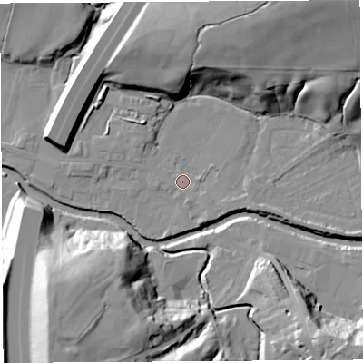 Shaded relief map of the ground around PR54HU, computed from Environment Agency LiDAR. The ground here sits at about 14 m above sea level and falls 34 m across the surrounding 800 m. Surface water reaching this point runs off ground lying to the east-south-east, 2.3 m higher.