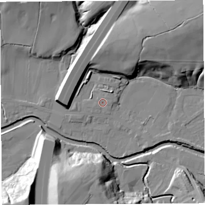 Shaded relief map of the ground around PR54HW, computed from Environment Agency LiDAR. The ground here sits at about 15 m above sea level and falls 34 m across the surrounding 800 m. Surface water reaching this point runs off ground lying to the east-north-east, 1.2 m higher.