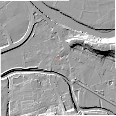Shaded relief map of the ground around PR54JA, computed from Environment Agency LiDAR. The ground here sits at about 9 m above sea level and falls 27 m across the surrounding 800 m. Surface water reaching this point runs off ground lying to the north-north-west, 1.4 m higher.