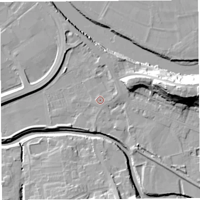 Shaded relief map of the ground around PR54JB, computed from Environment Agency LiDAR. The ground here sits at about 9 m above sea level and falls 25 m across the surrounding 800 m. Surface water reaching this point runs off ground lying to the east, 1.3 m higher.