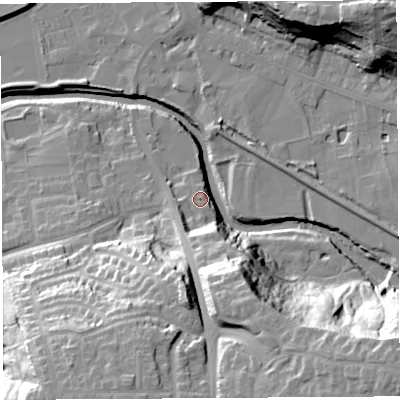 Shaded relief map of the ground around PR54JE, computed from Environment Agency LiDAR. The ground here sits at about 12 m above sea level and falls 40 m across the surrounding 800 m. Surface water reaching this point runs off ground lying to the south-east, 30.1 m higher.
