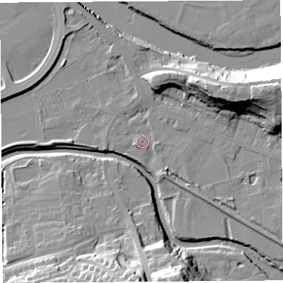 Shaded relief map of the ground around PR54JJ, computed from Environment Agency LiDAR. The ground here sits at about 9 m above sea level and falls 31 m across the surrounding 800 m. Surface water reaching this point runs off ground lying to the east-north-east, 23.8 m higher.